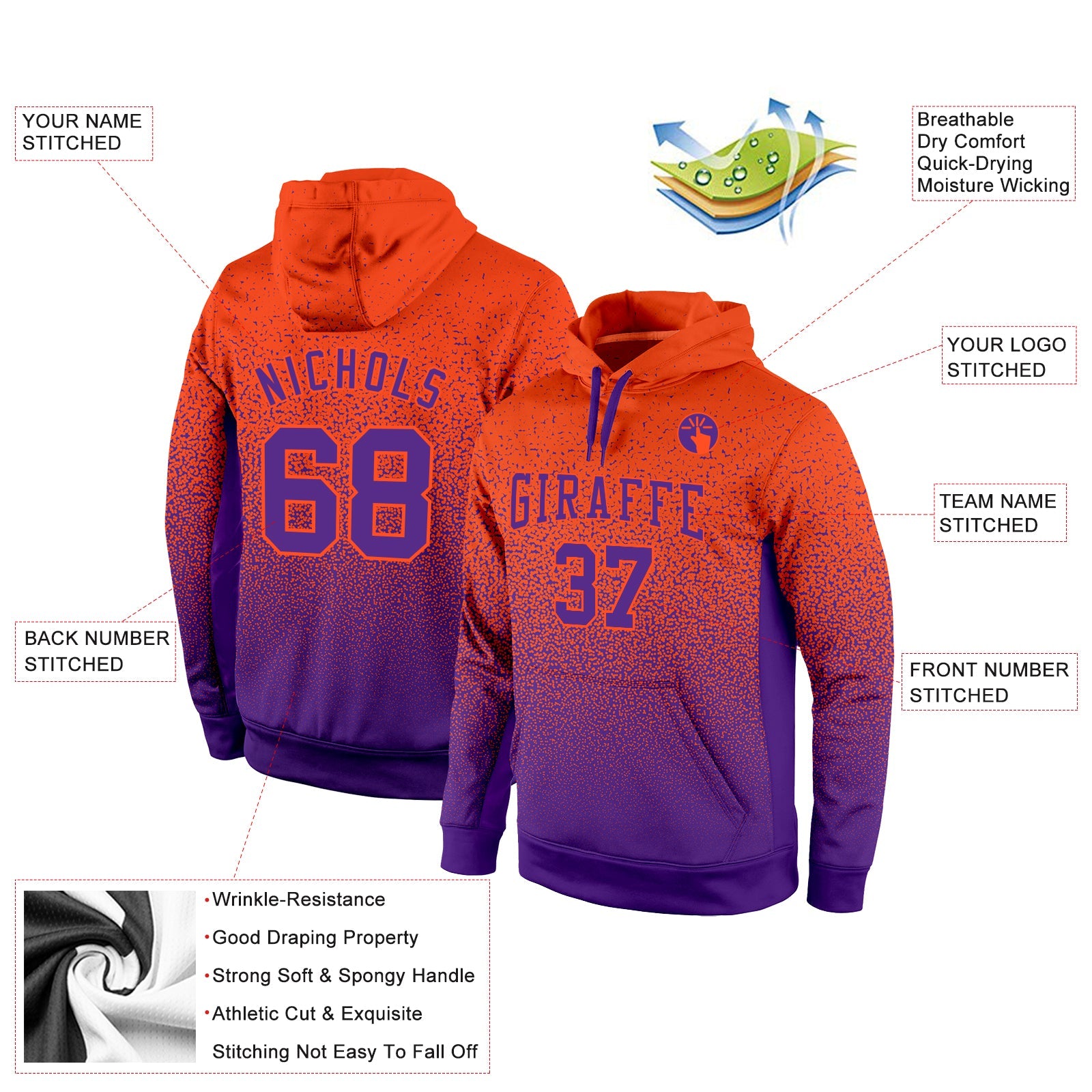Custom Stitched Orange Purple Fade Fashion Sports Pullover Sweatshirt Hoodie view 2