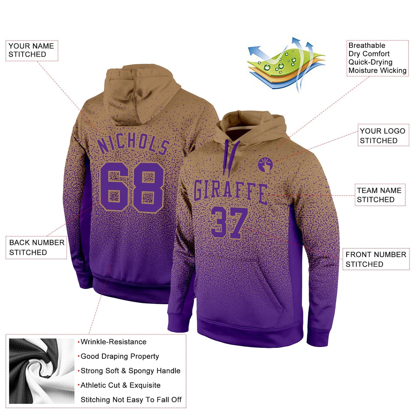 Custom Stitched Old Gold Purple Fade Fashion Sports Pullover Sweatshirt Hoodie view 2