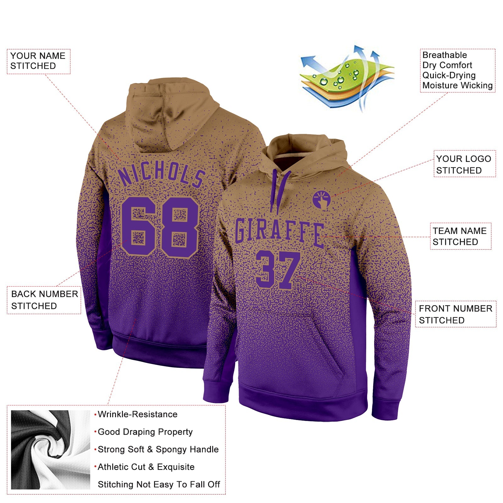 Custom Stitched Old Gold Purple Fade Fashion Sports Pullover Sweatshirt Hoodie view 2