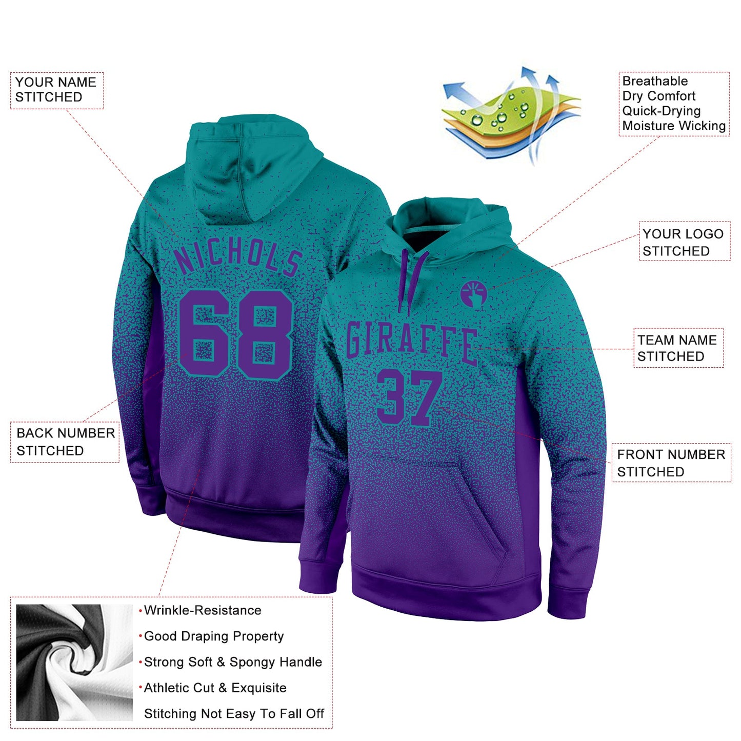 Custom Stitched Aqua Purple Fade Fashion Sports Pullover Sweatshirt Hoodie view 2