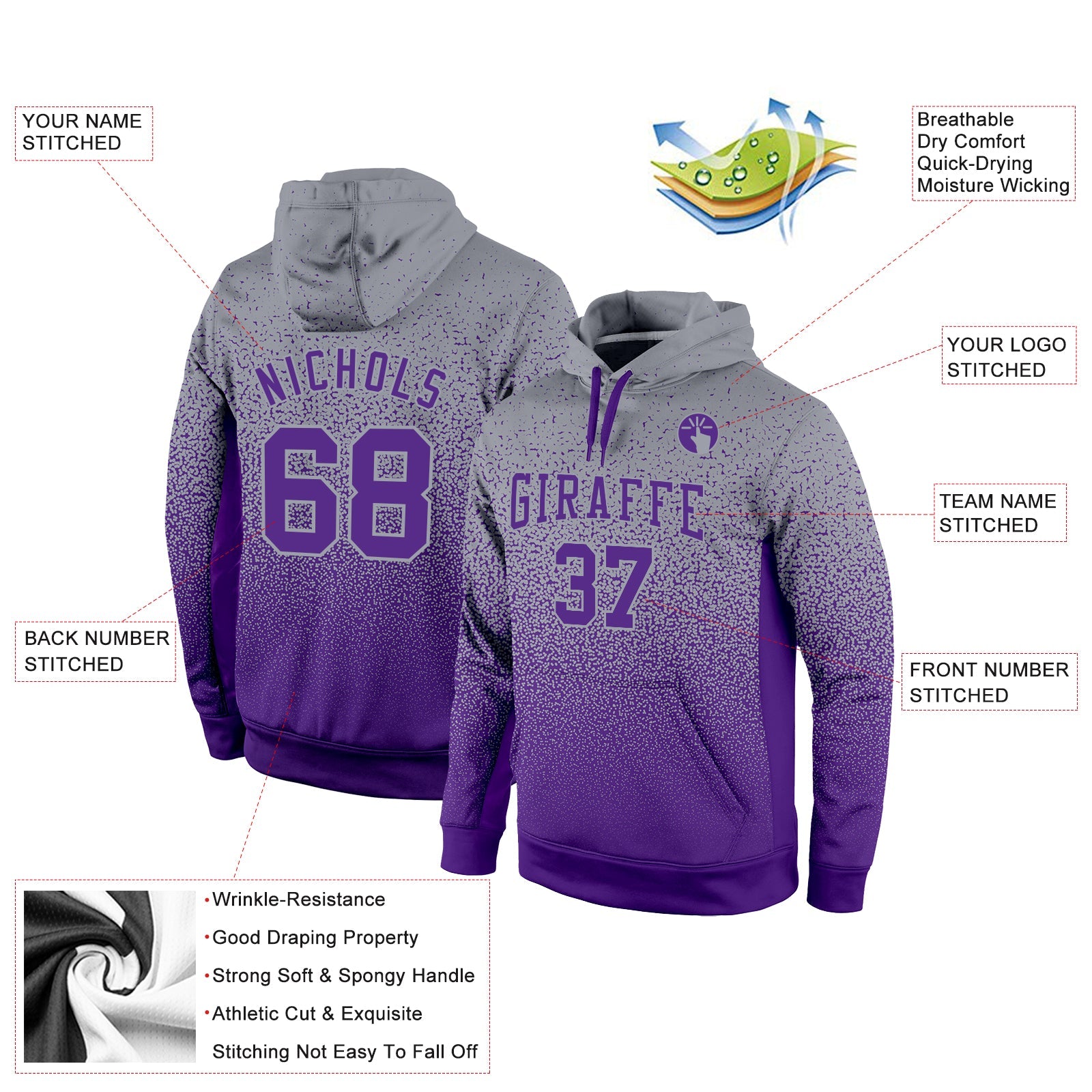 Custom Stitched Gray Purple Fade Fashion Sports Pullover Sweatshirt Hoodie view 2