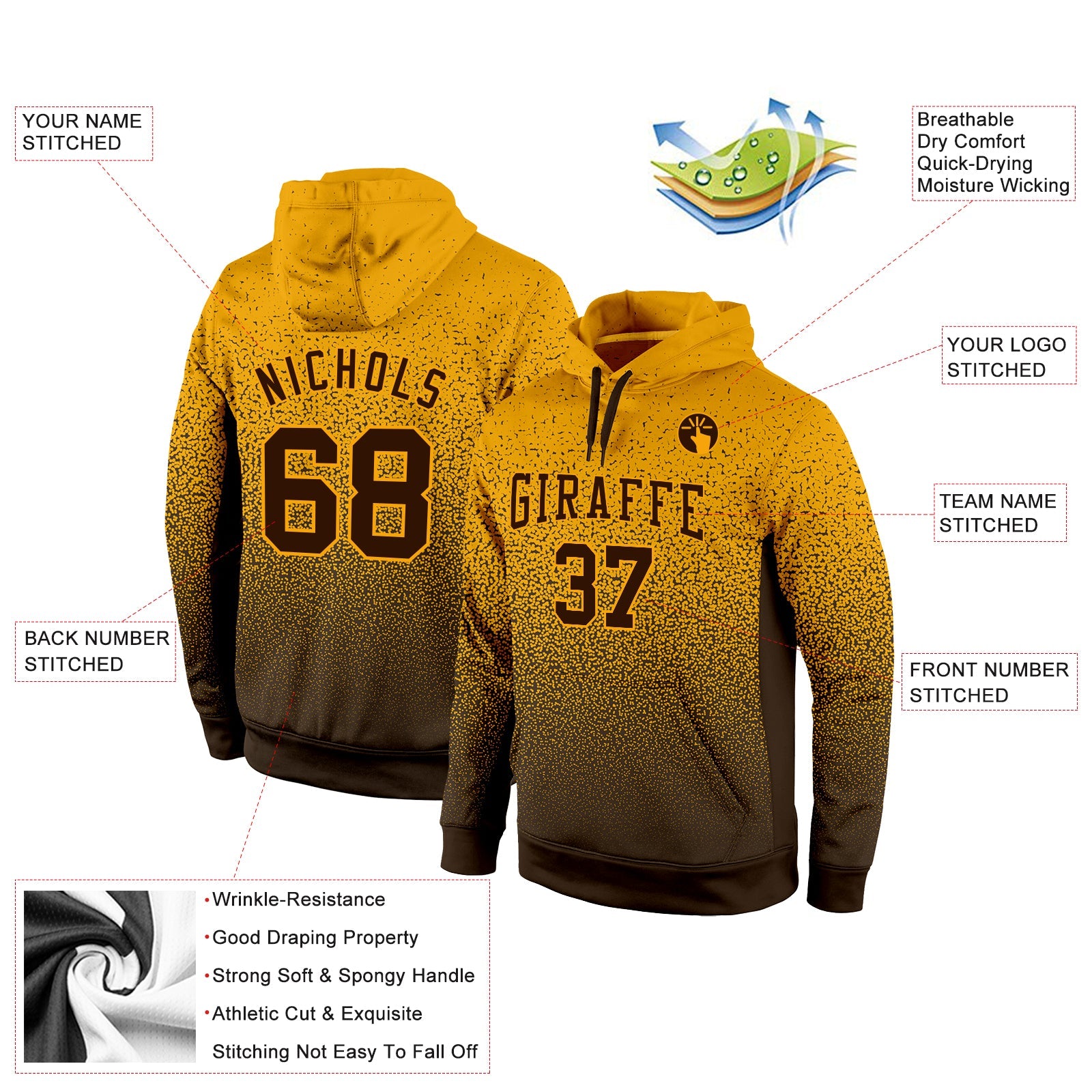 Custom Stitched Gold Brown Fade Fashion Sports Pullover Sweatshirt Hoodie view 2