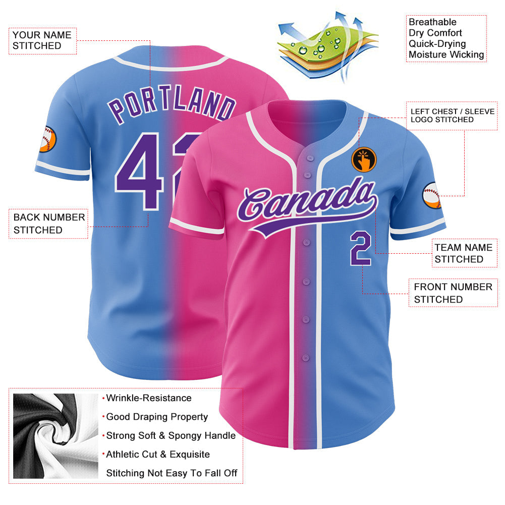 Custom Powder Blue Purple-Pink Authentic Gradient Fashion Baseball Jersey view 3