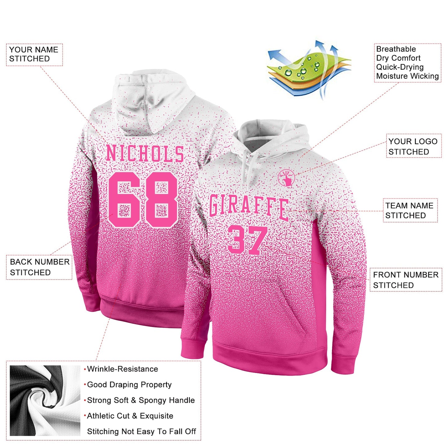 Custom Stitched White Pink Fade Fashion Sports Pullover Sweatshirt Hoodie view 2