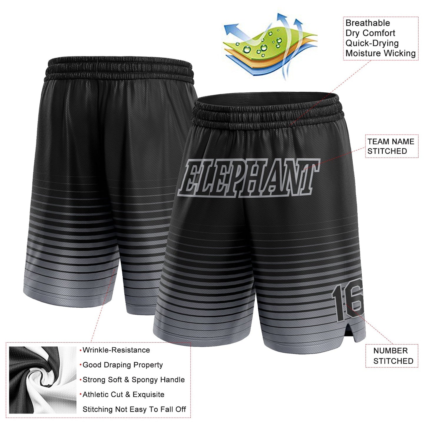 Custom Black Gray Pinstripe Fade Fashion Authentic Basketball Shorts view 2
