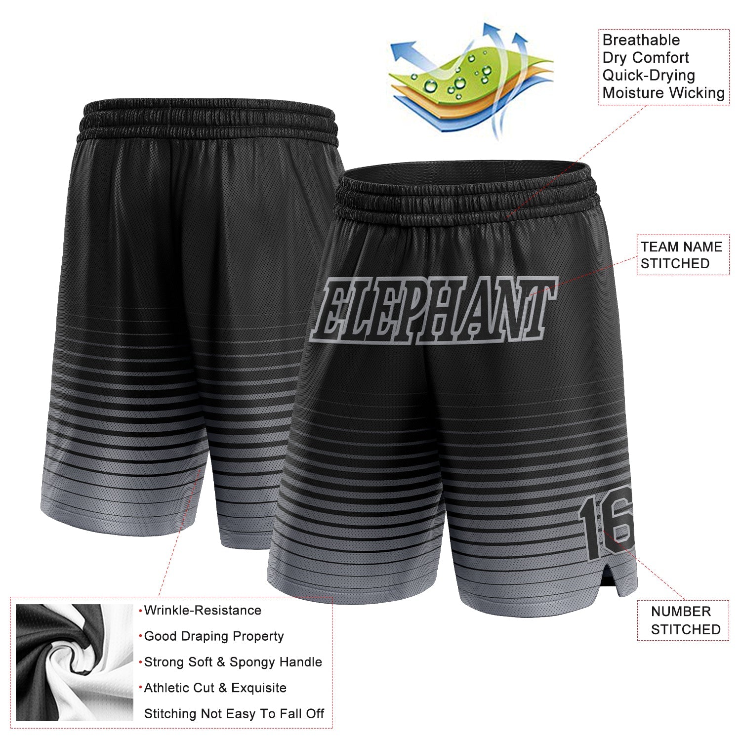 Custom Black Gray Pinstripe Fade Fashion Authentic Basketball Shorts view 2