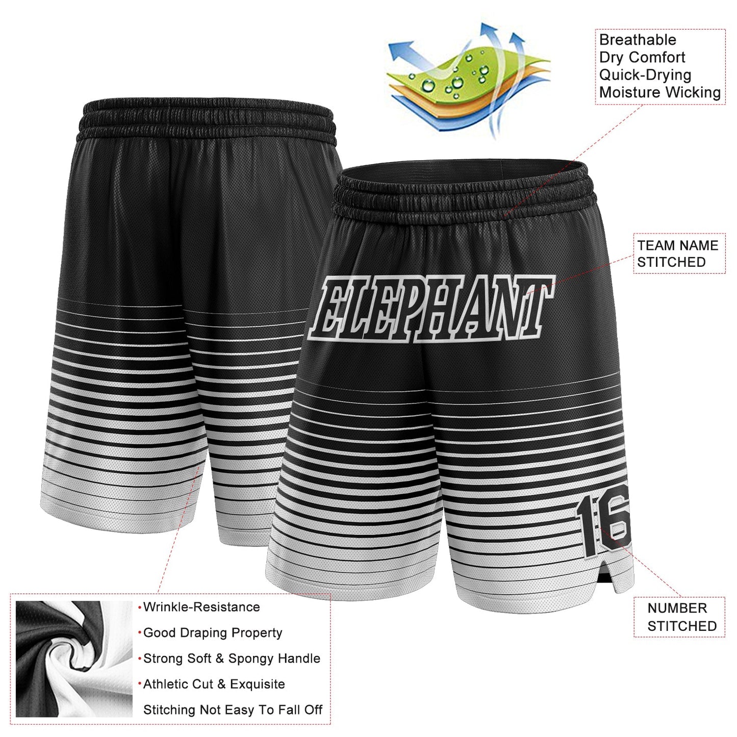 Custom Black White Pinstripe Fade Fashion Authentic Basketball Shorts view 2