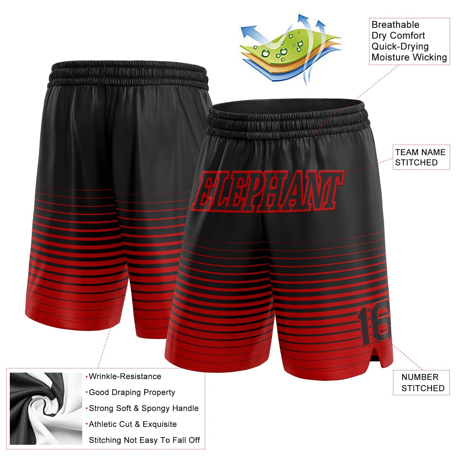 Custom Black Red Pinstripe Fade Fashion Authentic Basketball Shorts view 2