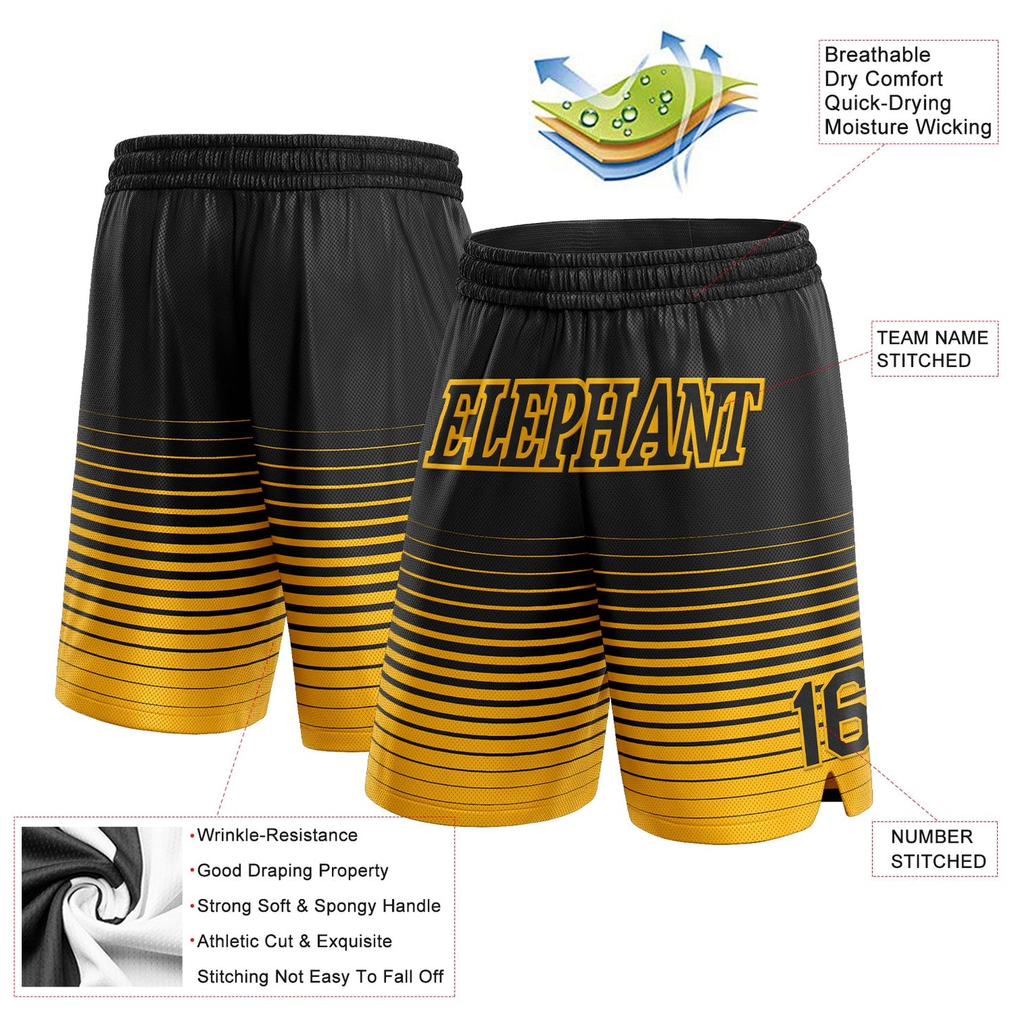 Custom Black Gold Pinstripe Fade Fashion Authentic Basketball Shorts view 2