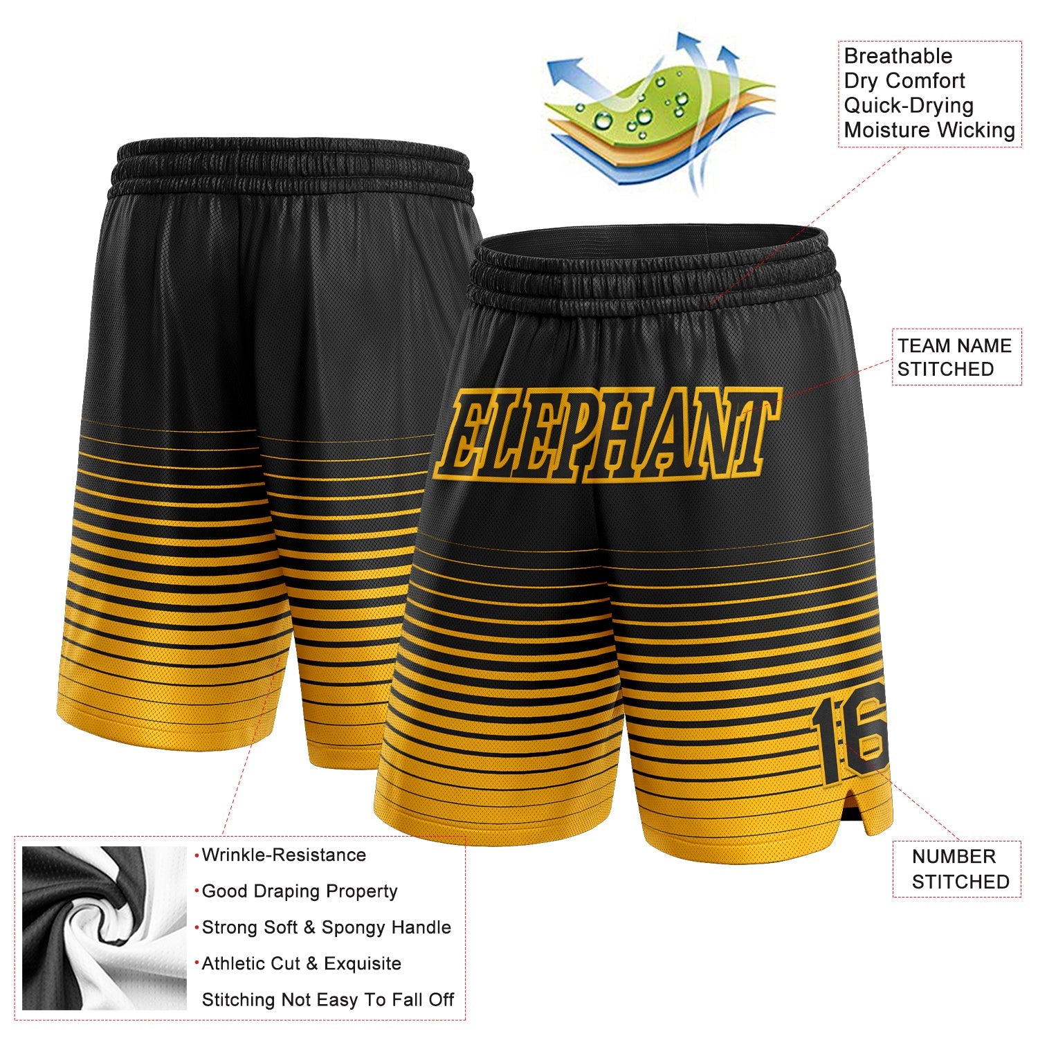 Custom Black Gold Pinstripe Fade Fashion Authentic Basketball Shorts view 2
