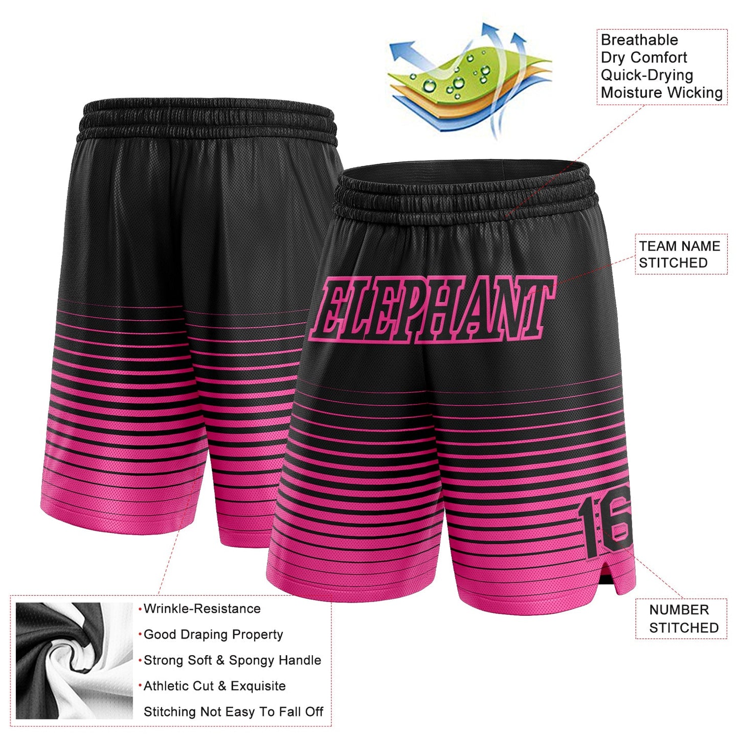 Custom Black Pink Pinstripe Fade Fashion Authentic Basketball Shorts view 2