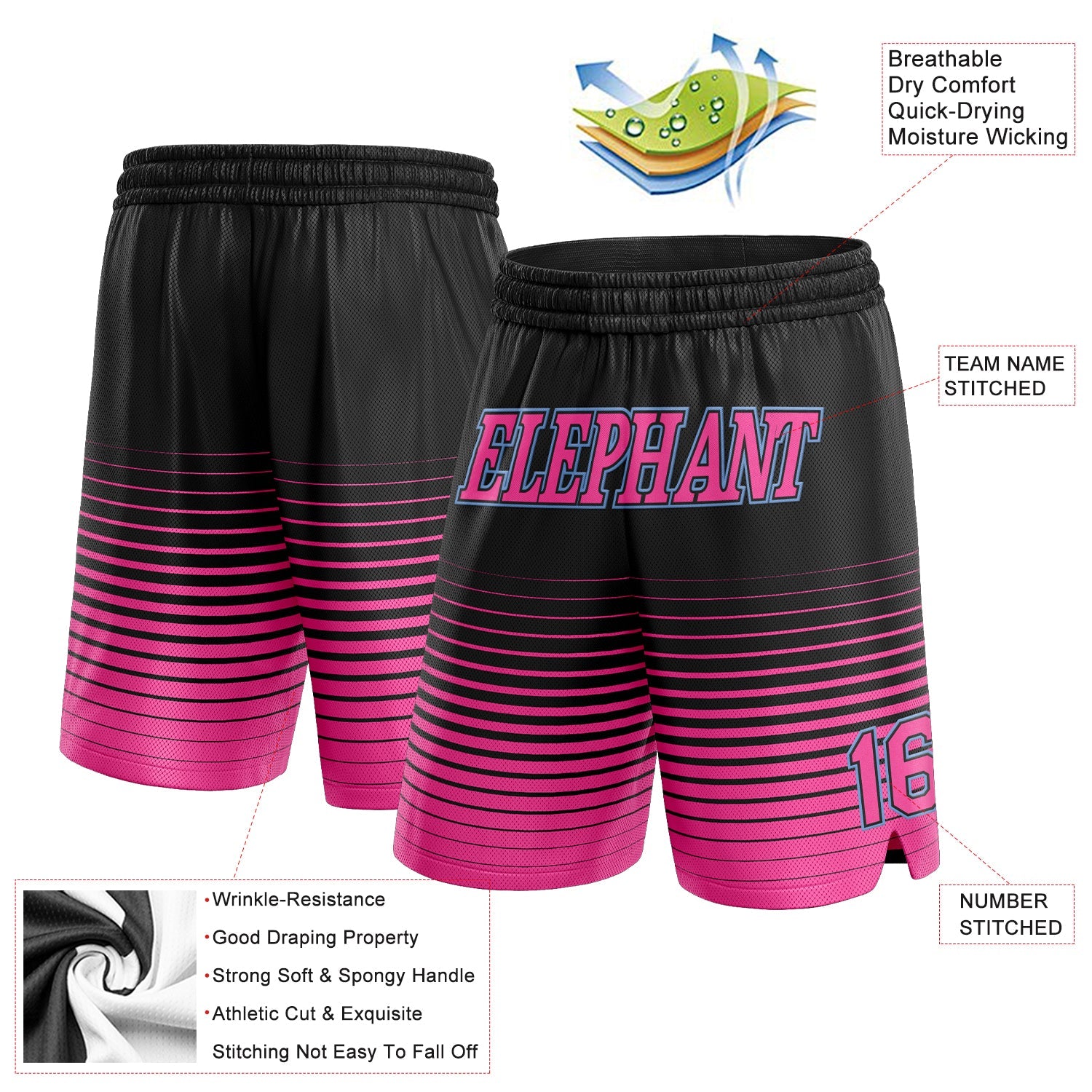 Custom Black Pink-Light Blue Pinstripe Fade Fashion Authentic Basketball Shorts view 2