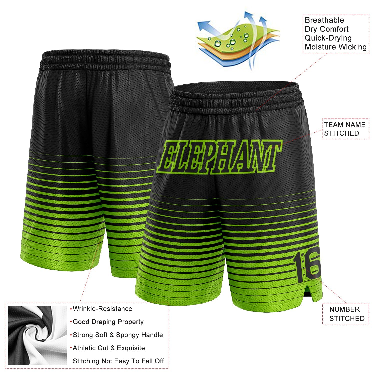 Custom Black Neon Green Pinstripe Fade Fashion Authentic Basketball Shorts view 2