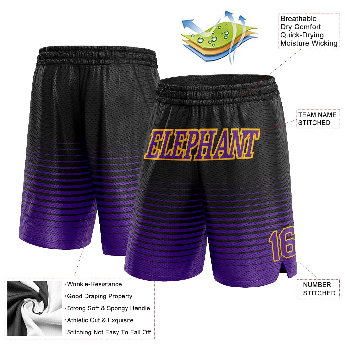 Custom Black Purple-Gold Pinstripe Fade Fashion Authentic Basketball Shorts view 2
