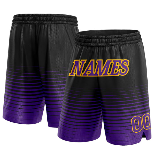 Custom Black Purple-Gold Pinstripe Fade Fashion Authentic Basketball Shorts - Main View