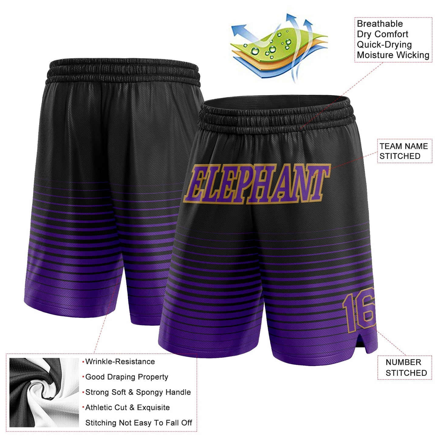 Custom Black Purple-Old Gold Pinstripe Fade Fashion Authentic Basketball Shorts view 2