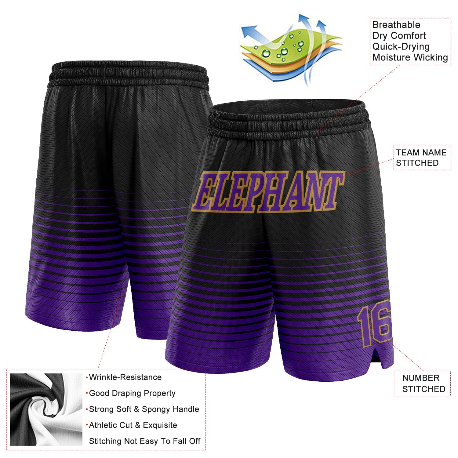 Custom Black Purple-Old Gold Pinstripe Fade Fashion Authentic Basketball Shorts view 2