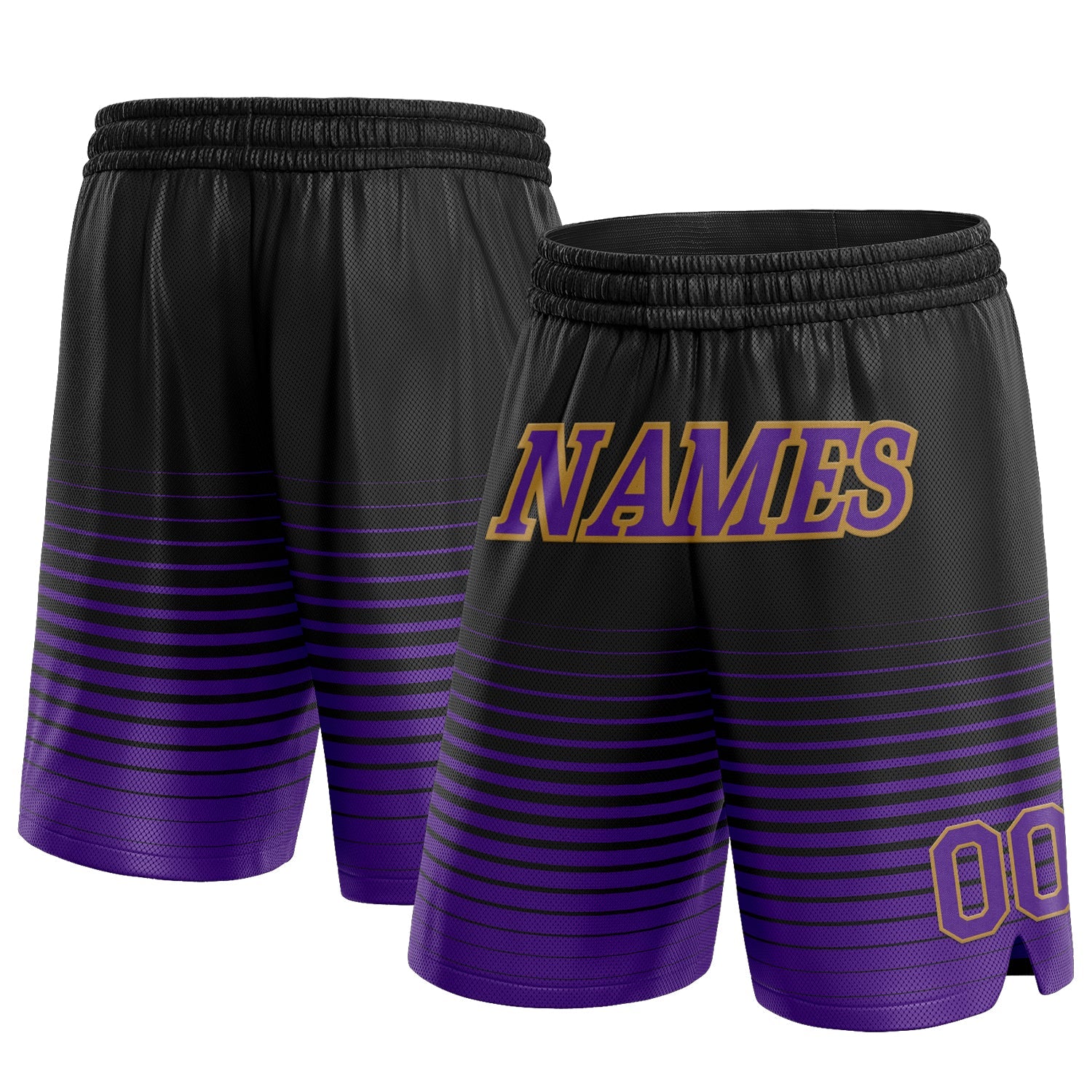 Custom Black Purple-Old Gold Pinstripe Fade Fashion Authentic Basketball Shorts - Main View