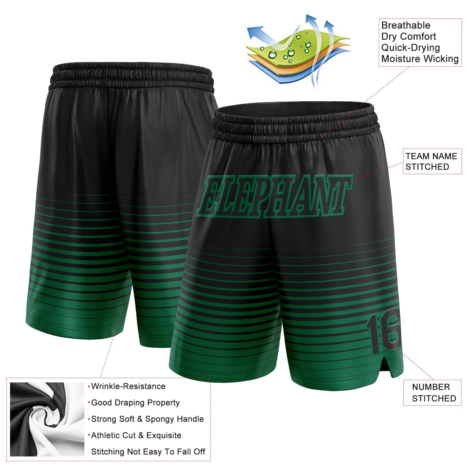 Custom Black Kelly Green Pinstripe Fade Fashion Authentic Basketball Shorts view 2