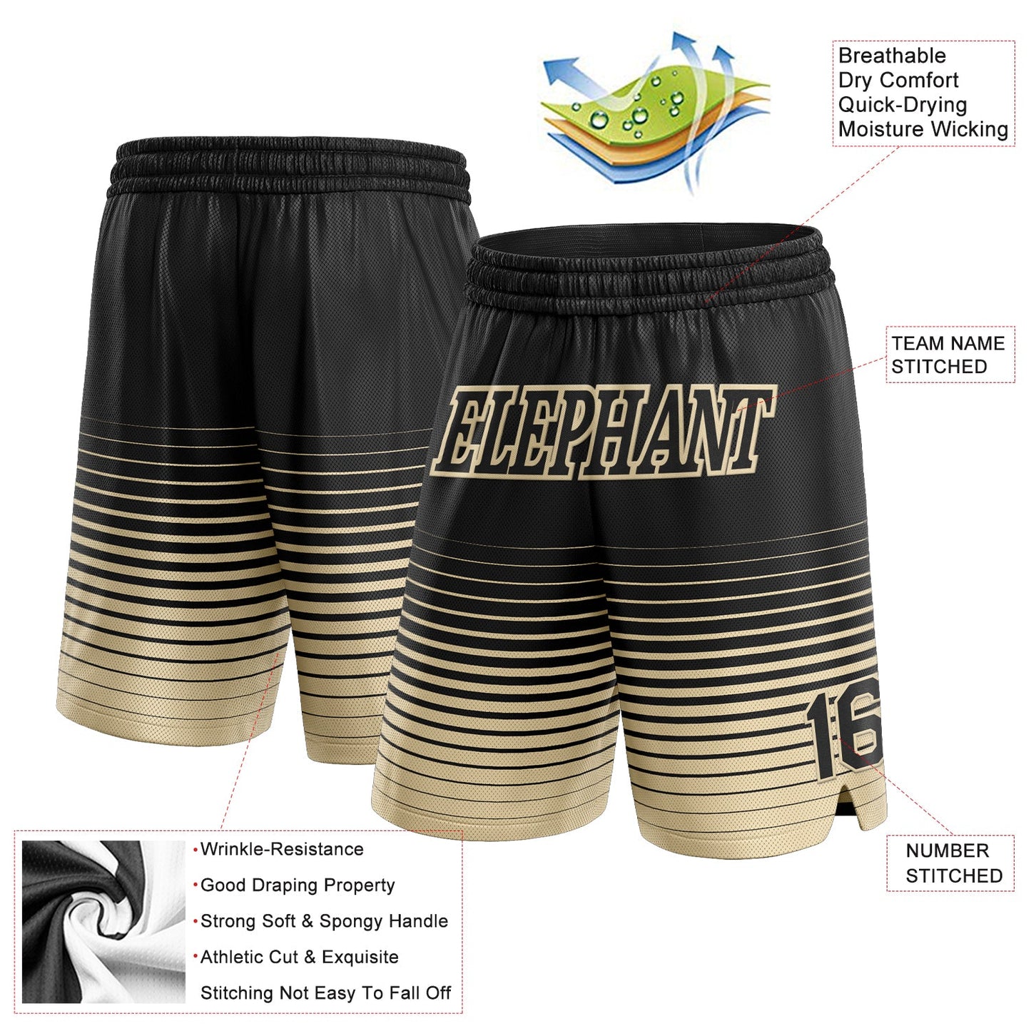 Custom Black Cream Pinstripe Fade Fashion Authentic Basketball Shorts view 2