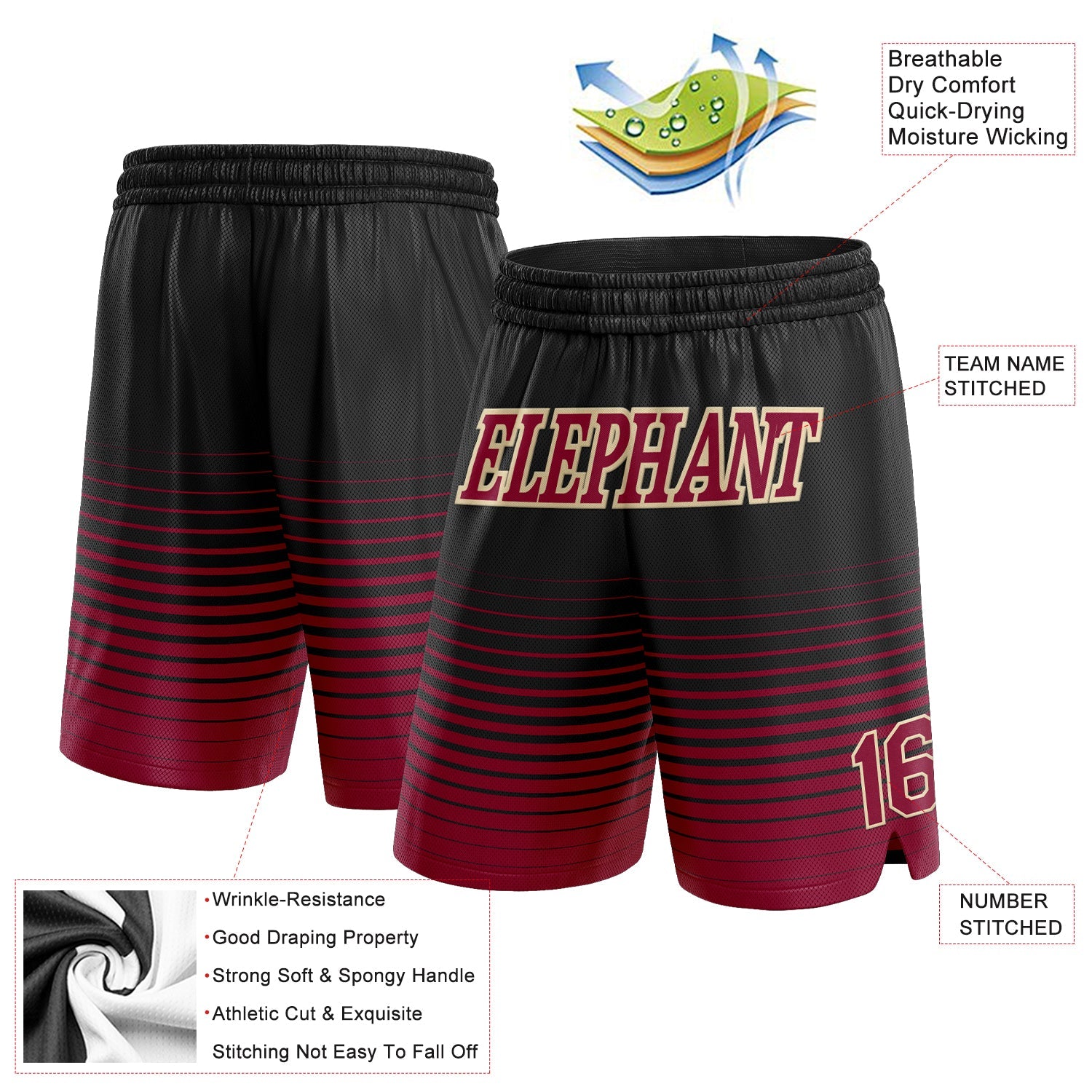 Custom Black Maroon-Cream Pinstripe Fade Fashion Authentic Basketball Shorts view 2