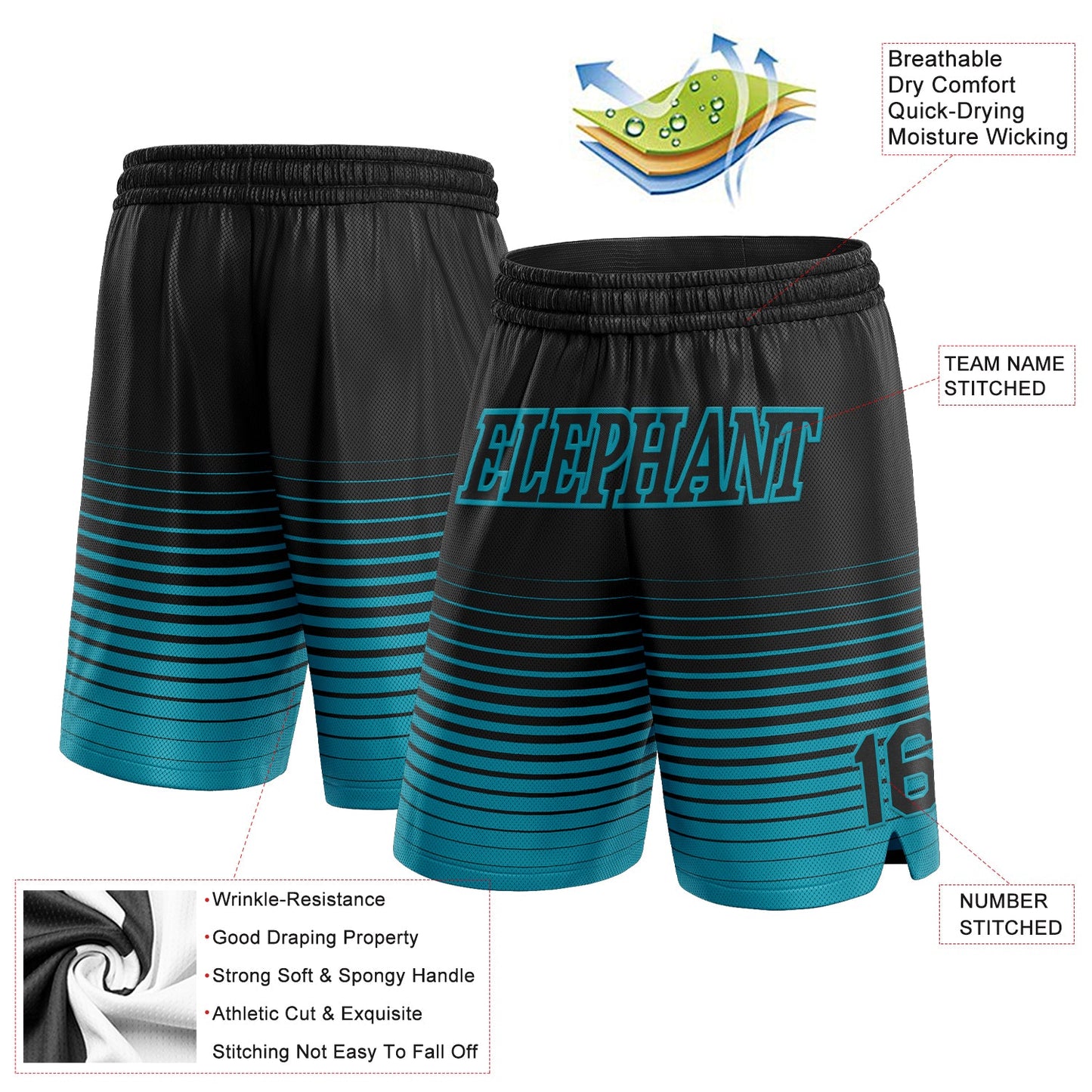 Custom Black Teal Pinstripe Fade Fashion Authentic Basketball Shorts view 2