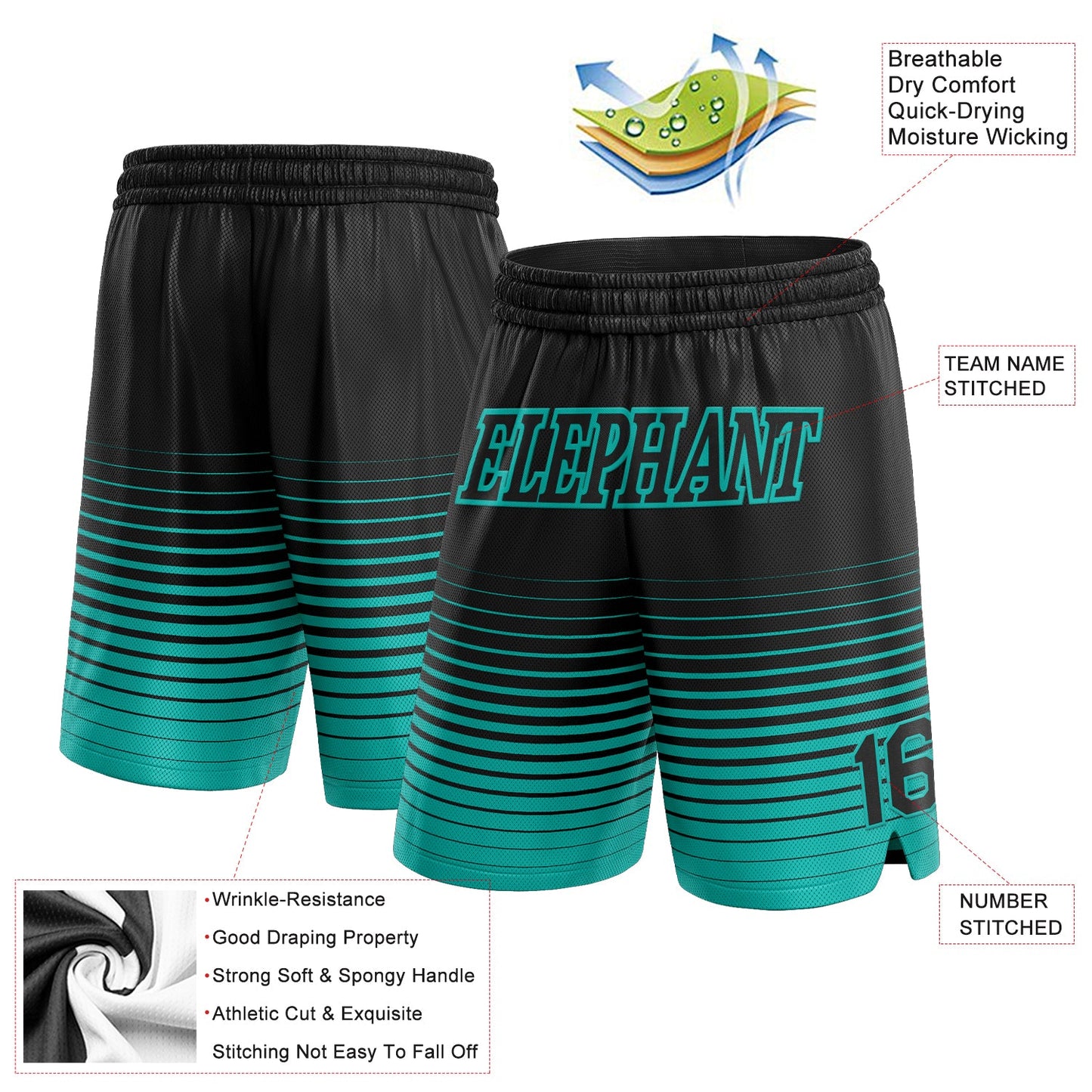 Custom Black Aqua Pinstripe Fade Fashion Authentic Basketball Shorts view 2