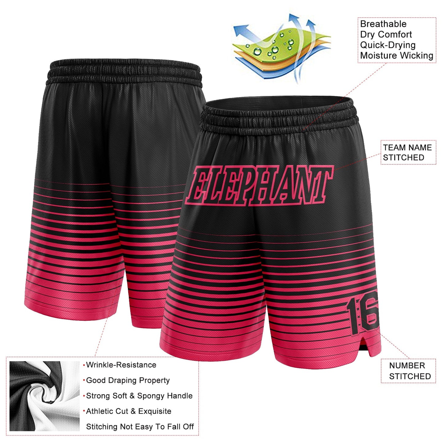 Custom Black Neon Pink Pinstripe Fade Fashion Authentic Basketball Shorts view 2