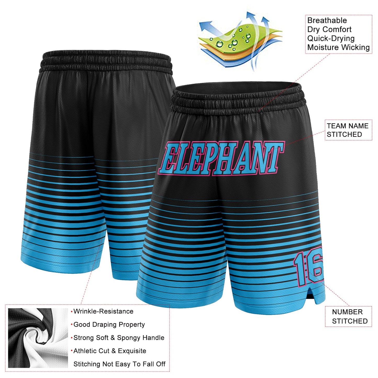 Custom Black Sky Blue-Pink Pinstripe Fade Fashion Authentic Basketball Shorts view 2
