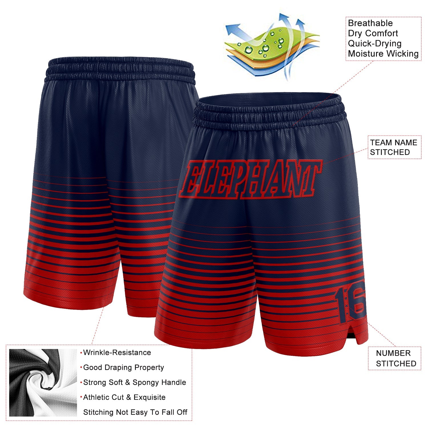 Custom Navy Red Pinstripe Fade Fashion Authentic Basketball Shorts view 2