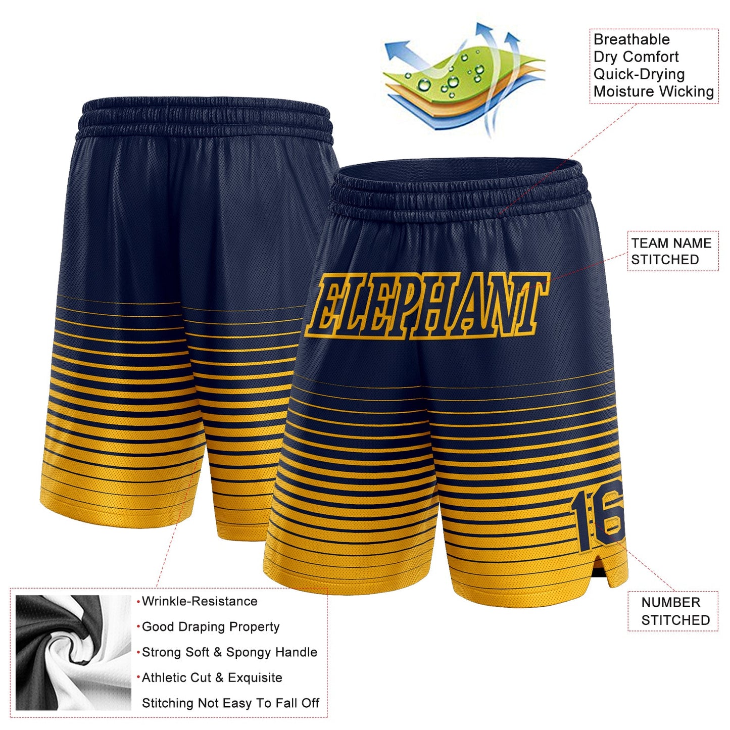 Custom Navy Gold Pinstripe Fade Fashion Authentic Basketball Shorts view 2