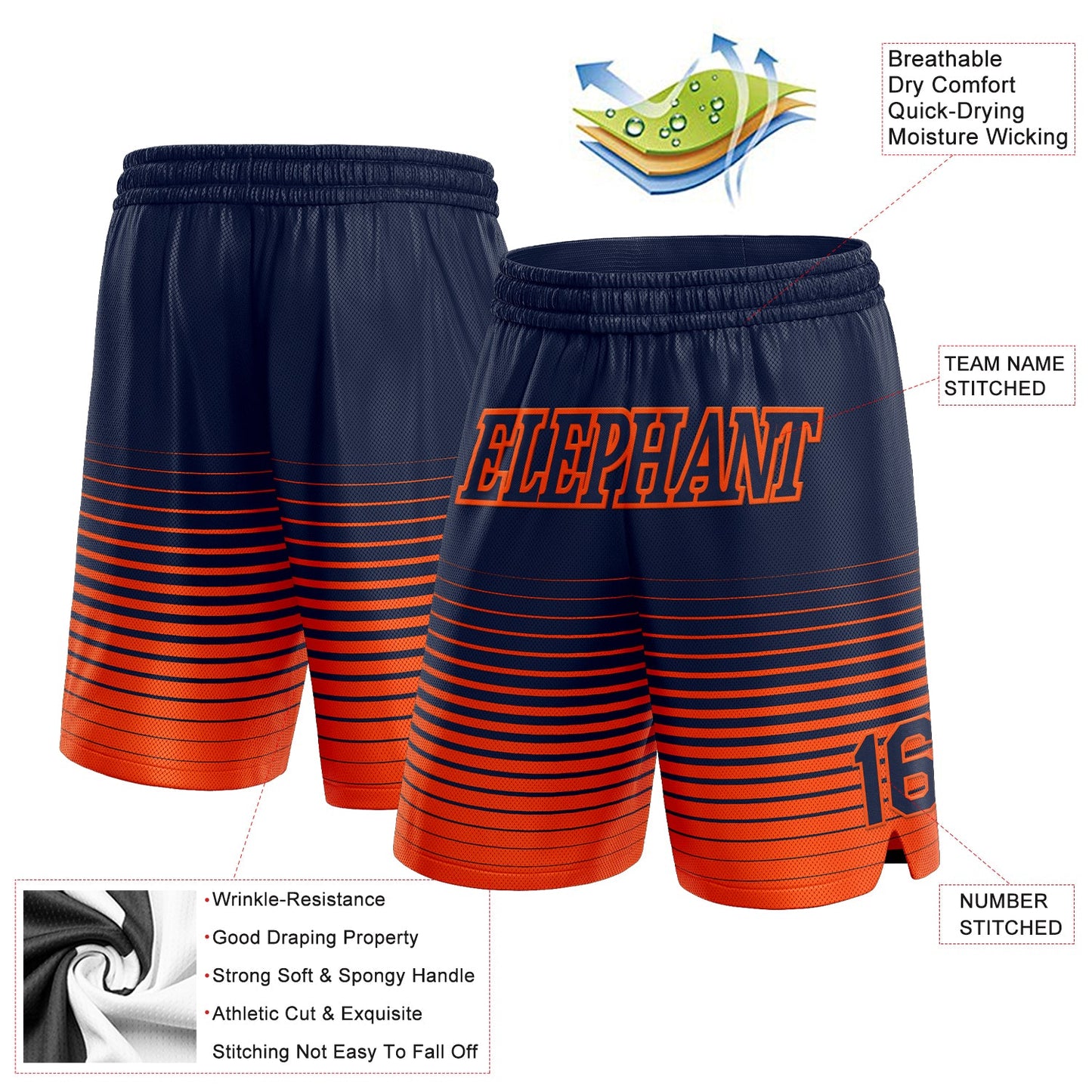 Custom Navy Orange Pinstripe Fade Fashion Authentic Basketball Shorts view 2