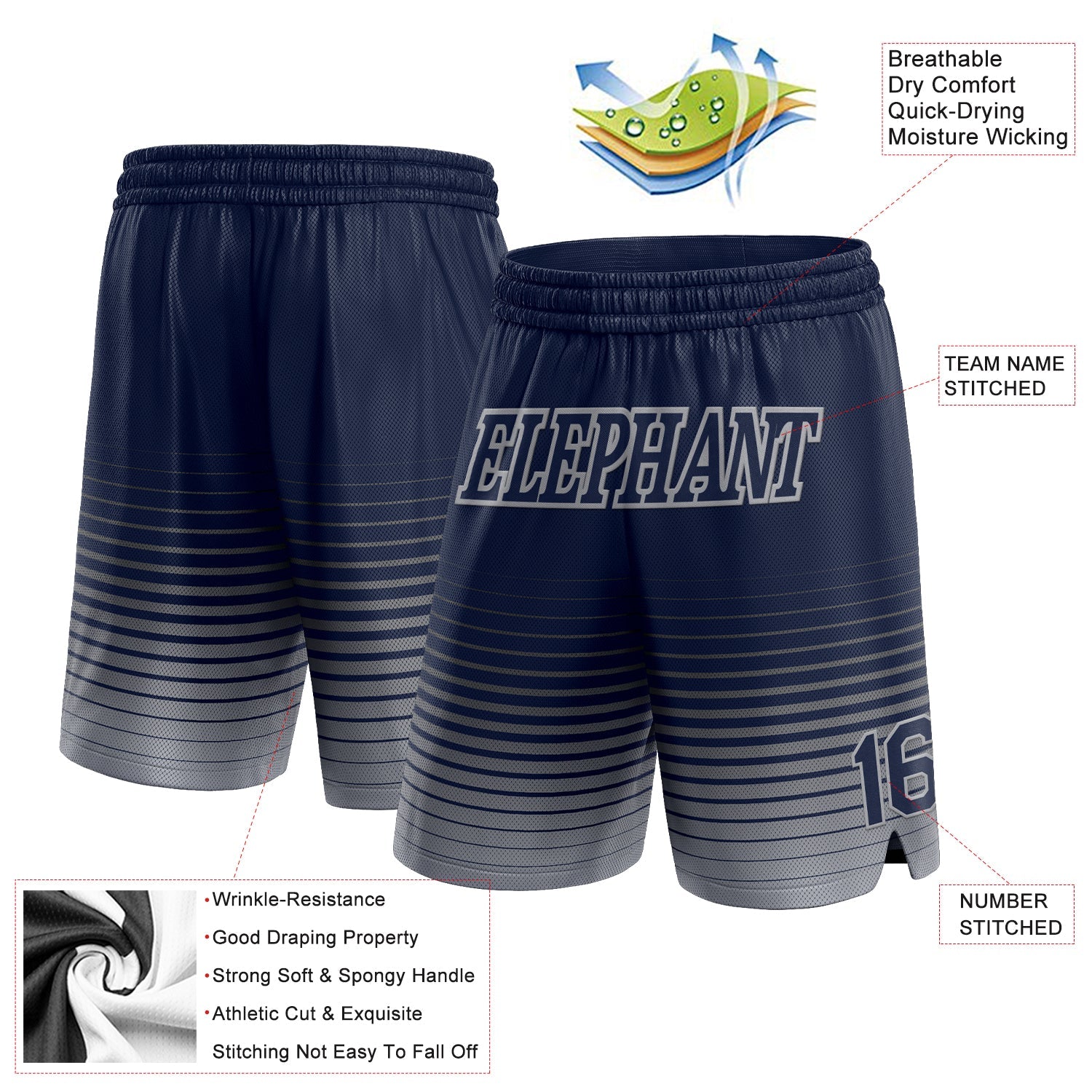 Custom Navy Gray Pinstripe Fade Fashion Authentic Basketball Shorts view 2