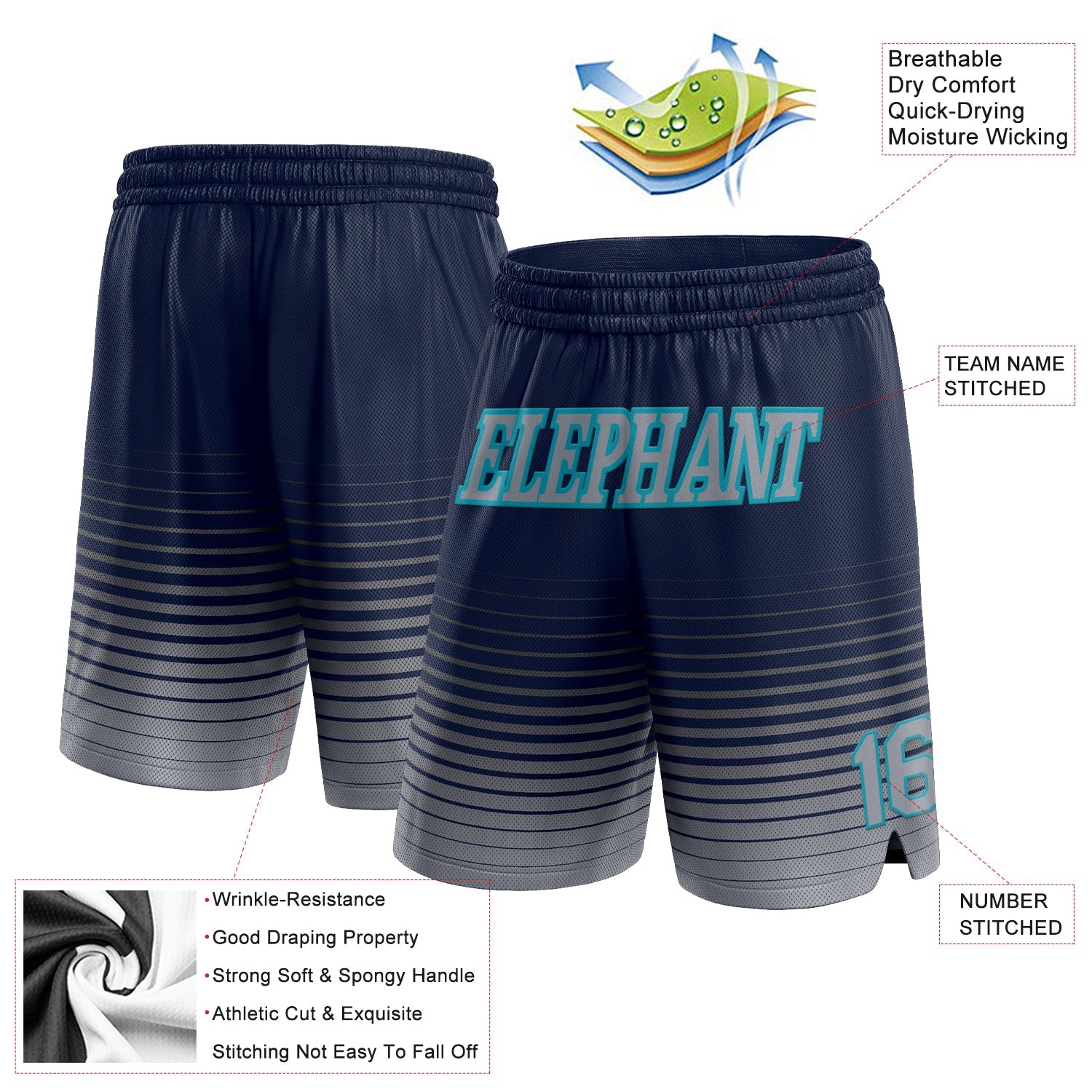 Custom Navy Gray-Teal Pinstripe Fade Fashion Authentic Basketball Shorts view 2