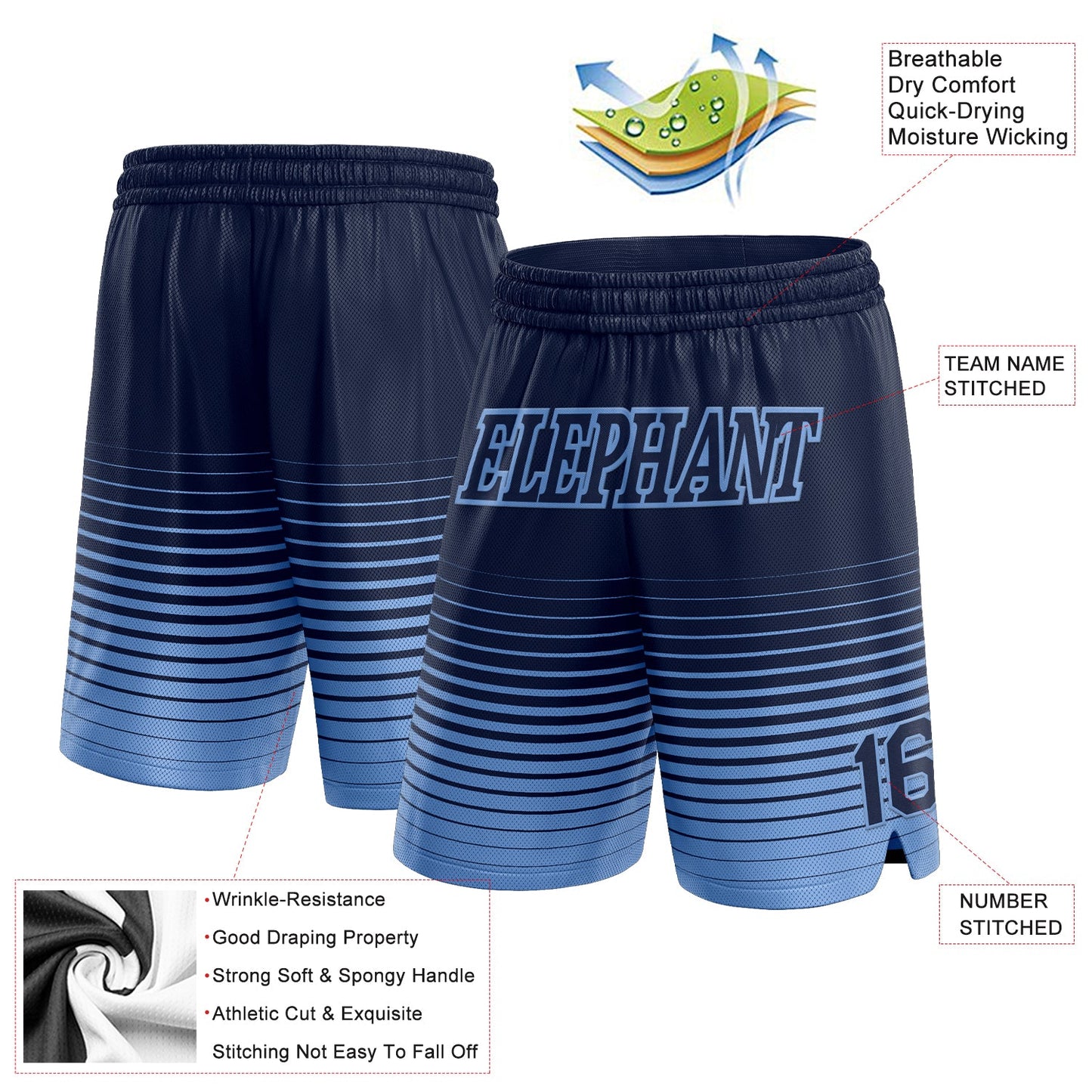 Custom Navy Light Blue Pinstripe Fade Fashion Authentic Basketball Shorts view 2