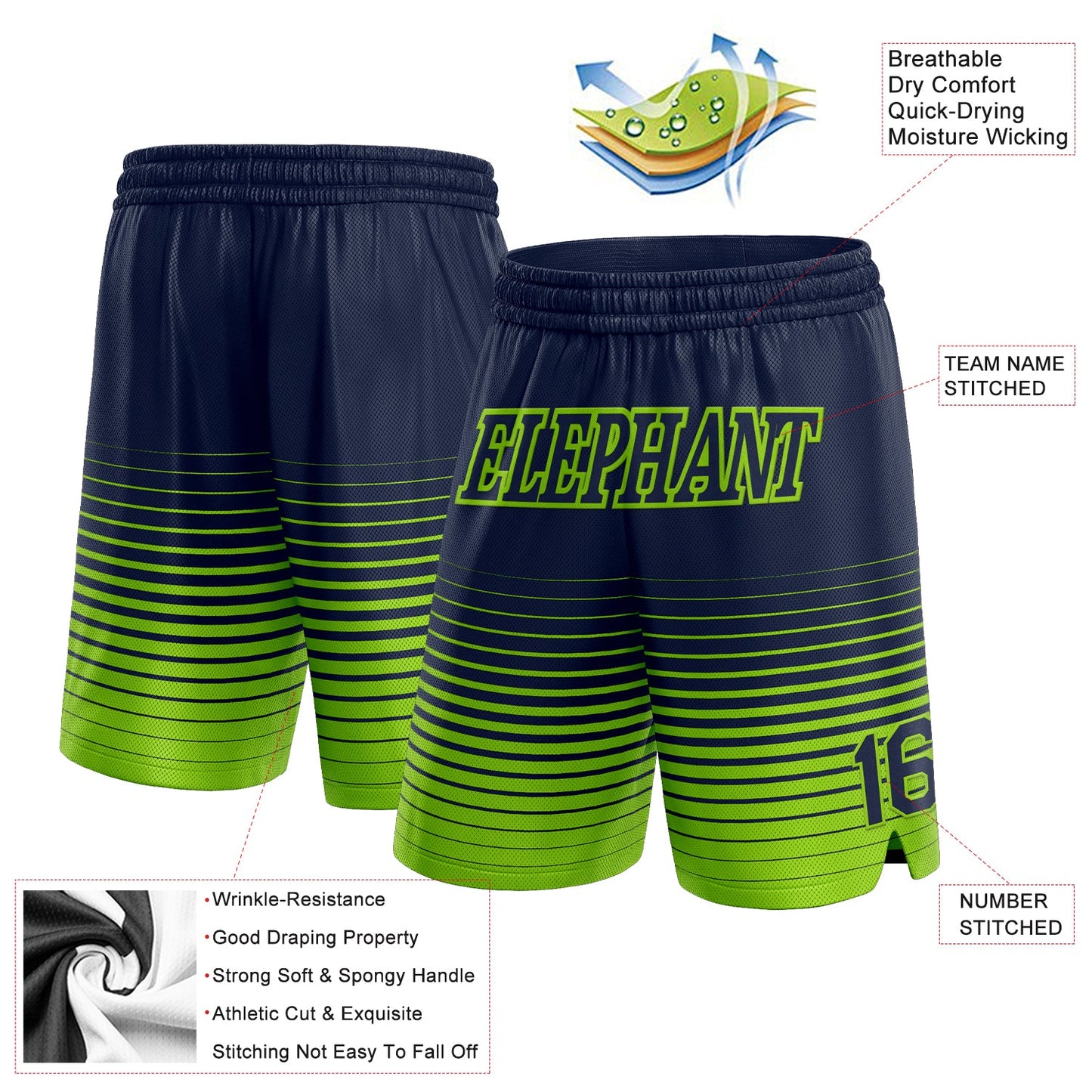 Custom Navy Neon Green Pinstripe Fade Fashion Authentic Basketball Shorts view 2