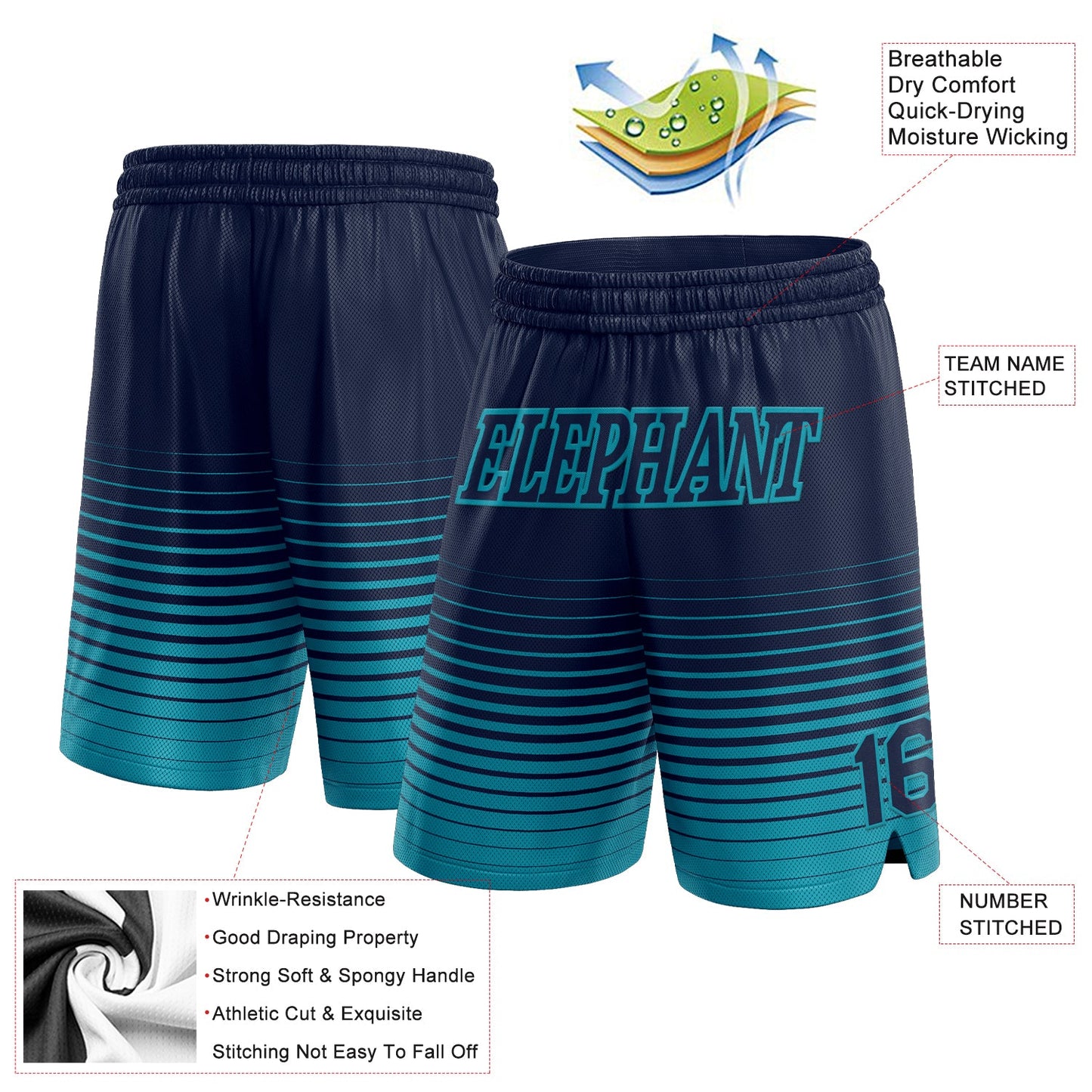 Custom Navy Teal Pinstripe Fade Fashion Authentic Basketball Shorts view 2