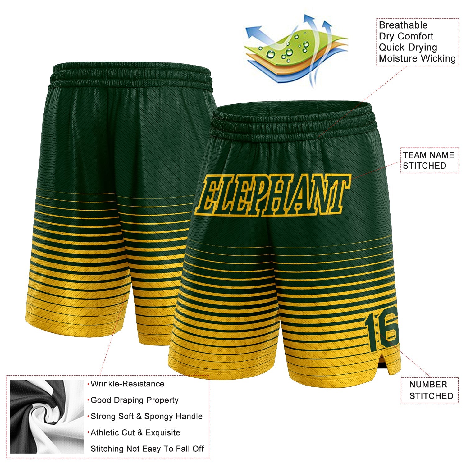 Custom Green Yellow Pinstripe Fade Fashion Authentic Basketball Shorts view 2
