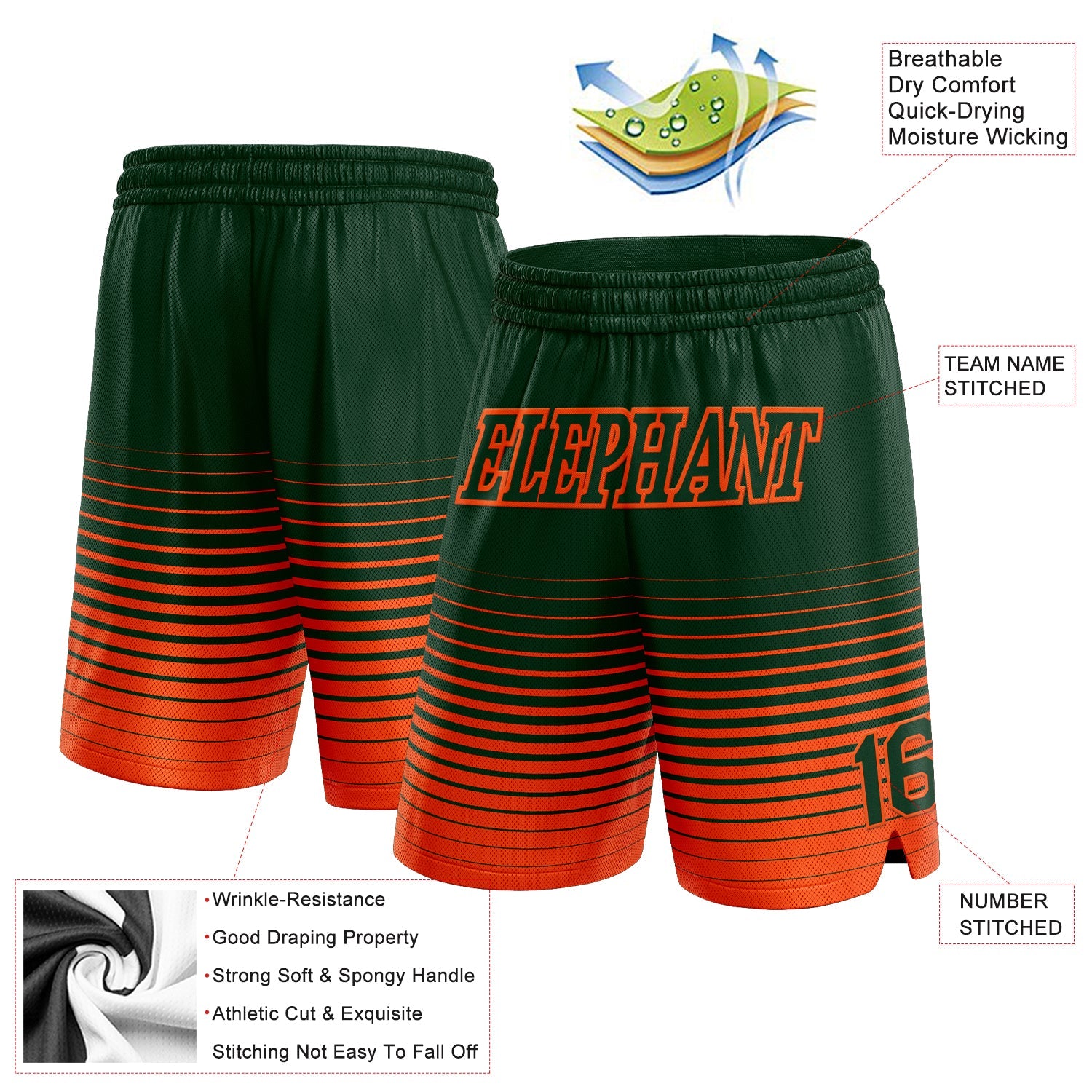 Custom Green Orange Pinstripe Fade Fashion Authentic Basketball Shorts view 2