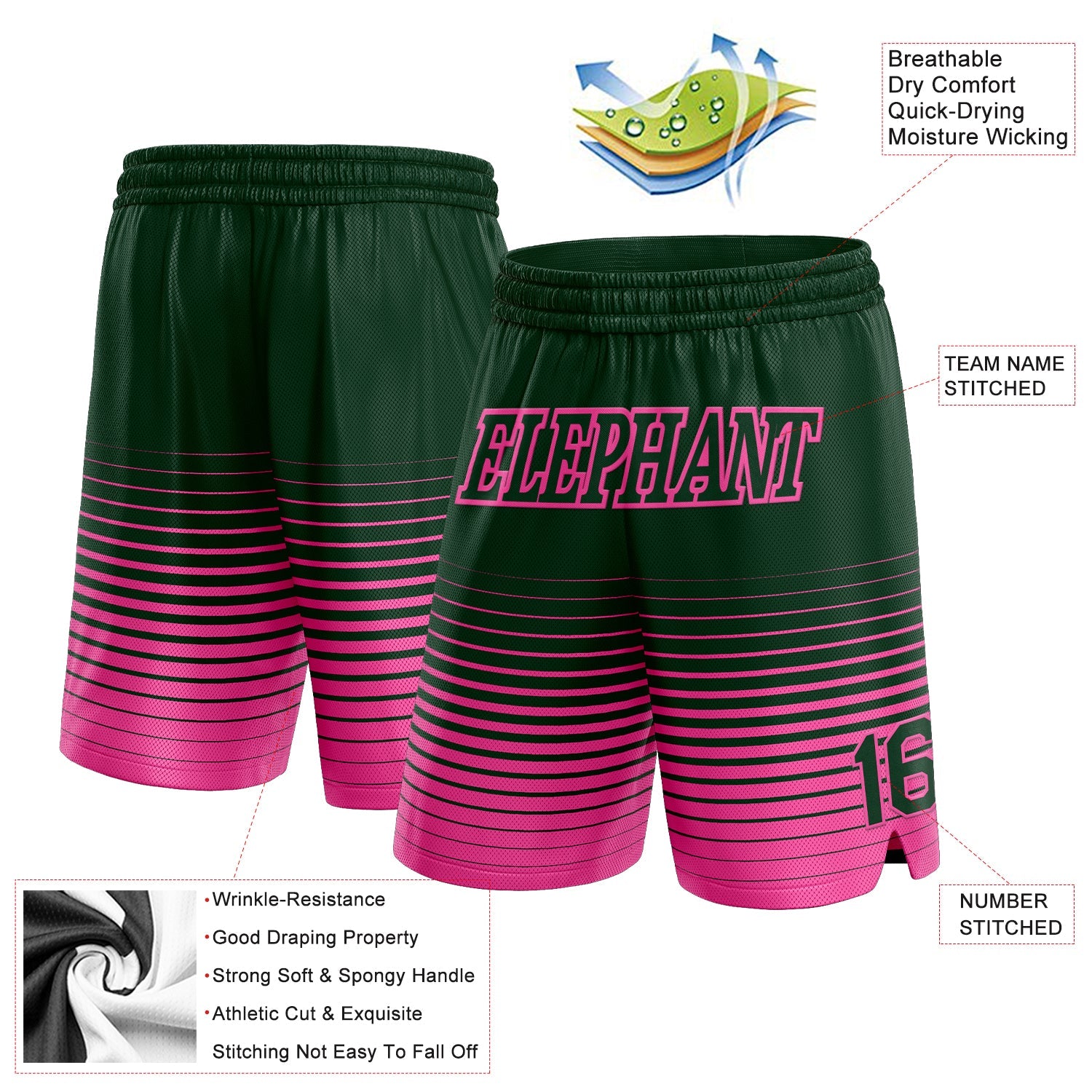 Custom Green Pink Pinstripe Fade Fashion Authentic Basketball Shorts view 2