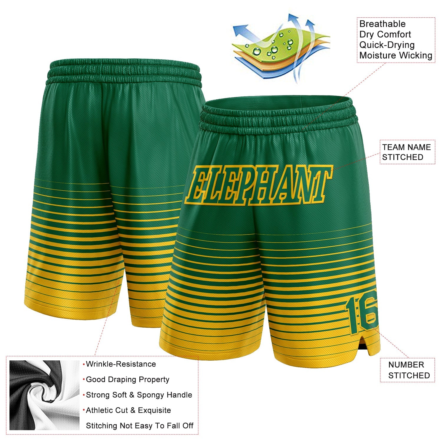 Custom Kelly Green Yellow Pinstripe Fade Fashion Authentic Basketball Shorts view 2