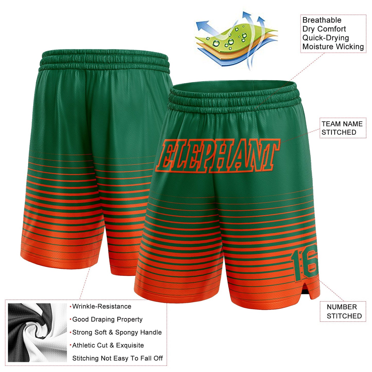Custom Kelly Green Orange Pinstripe Fade Fashion Authentic Basketball Shorts view 2
