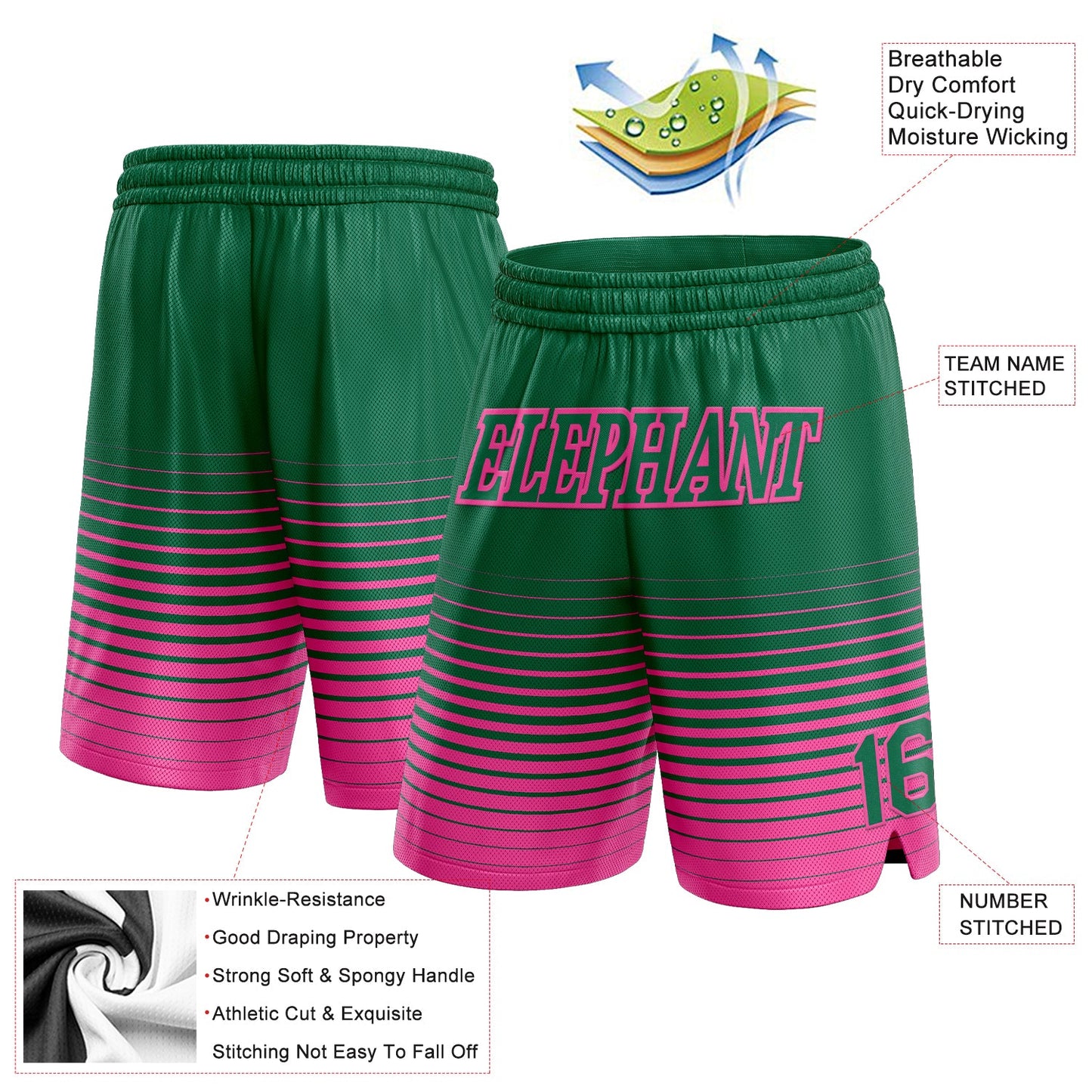Custom Kelly Green Pink Pinstripe Fade Fashion Authentic Basketball Shorts view 2