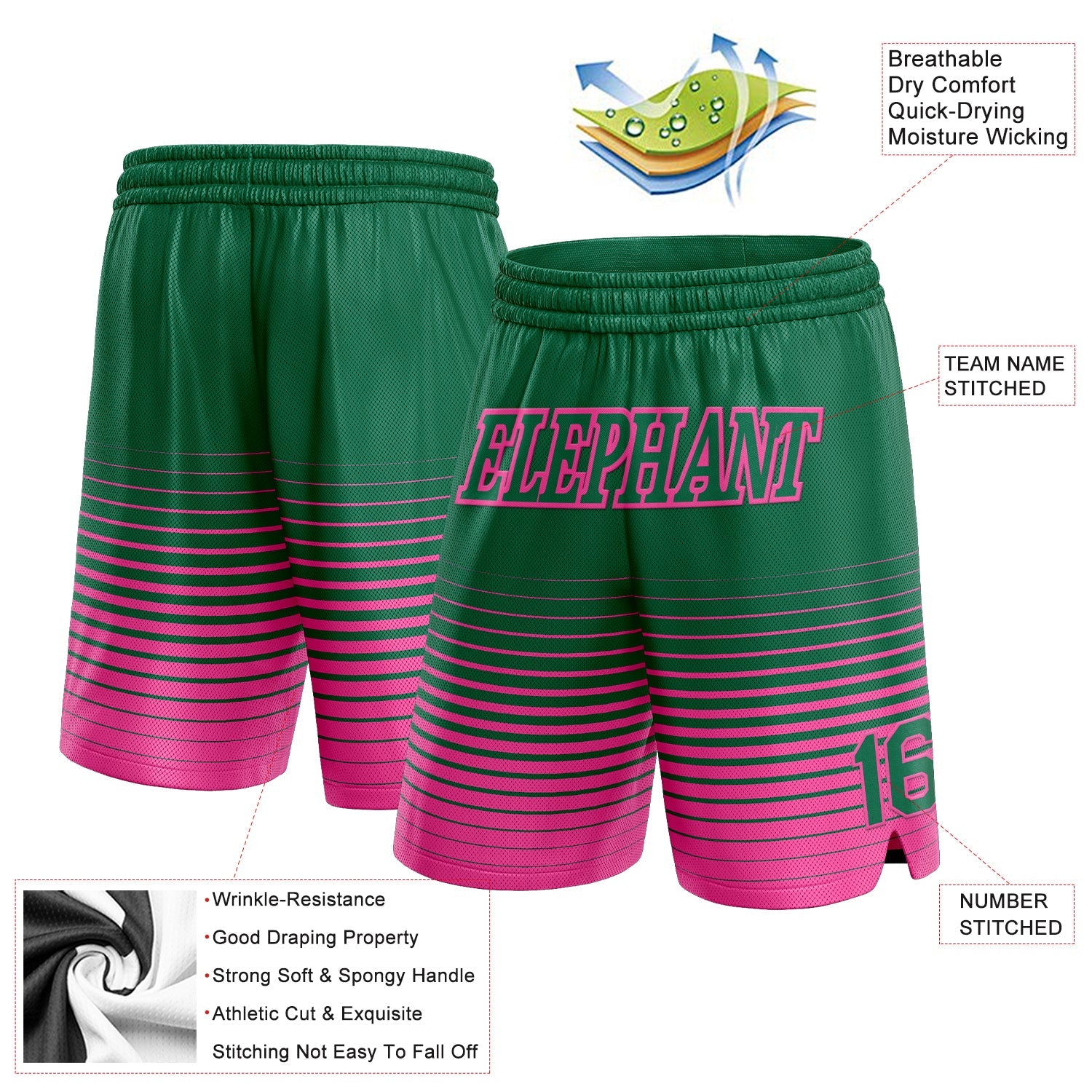 Custom Kelly Green Pink Pinstripe Fade Fashion Authentic Basketball Shorts view 2
