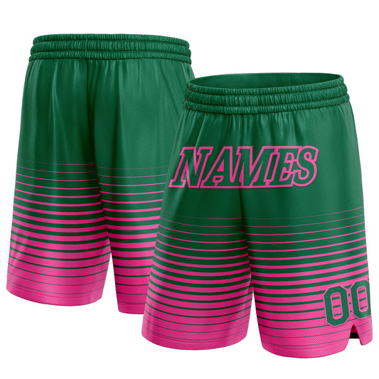 Custom Kelly Green Pink Pinstripe Fade Fashion Authentic Basketball Shorts - Main View