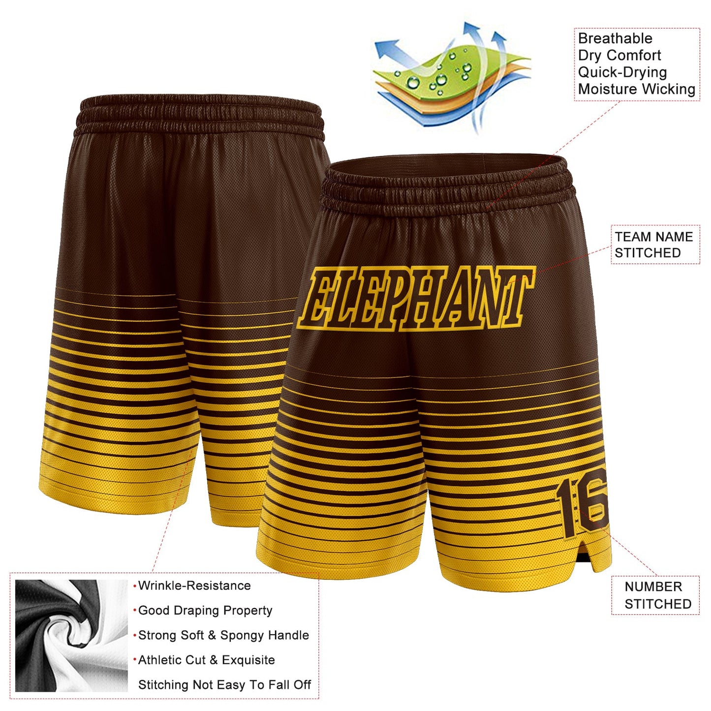 Custom Brown Yellow Pinstripe Fade Fashion Authentic Basketball Shorts view 2