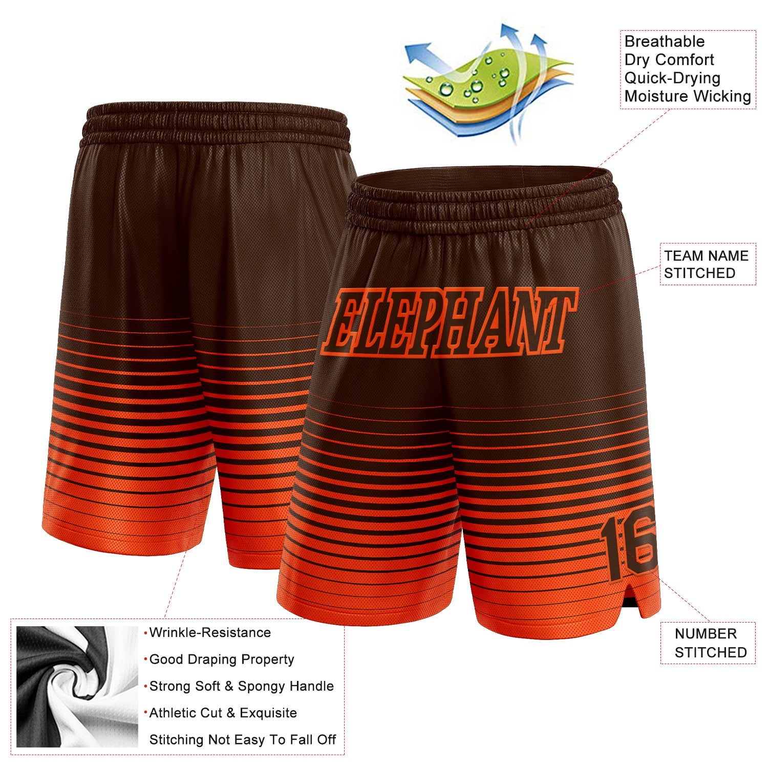 Custom Brown Orange Pinstripe Fade Fashion Authentic Basketball Shorts view 2