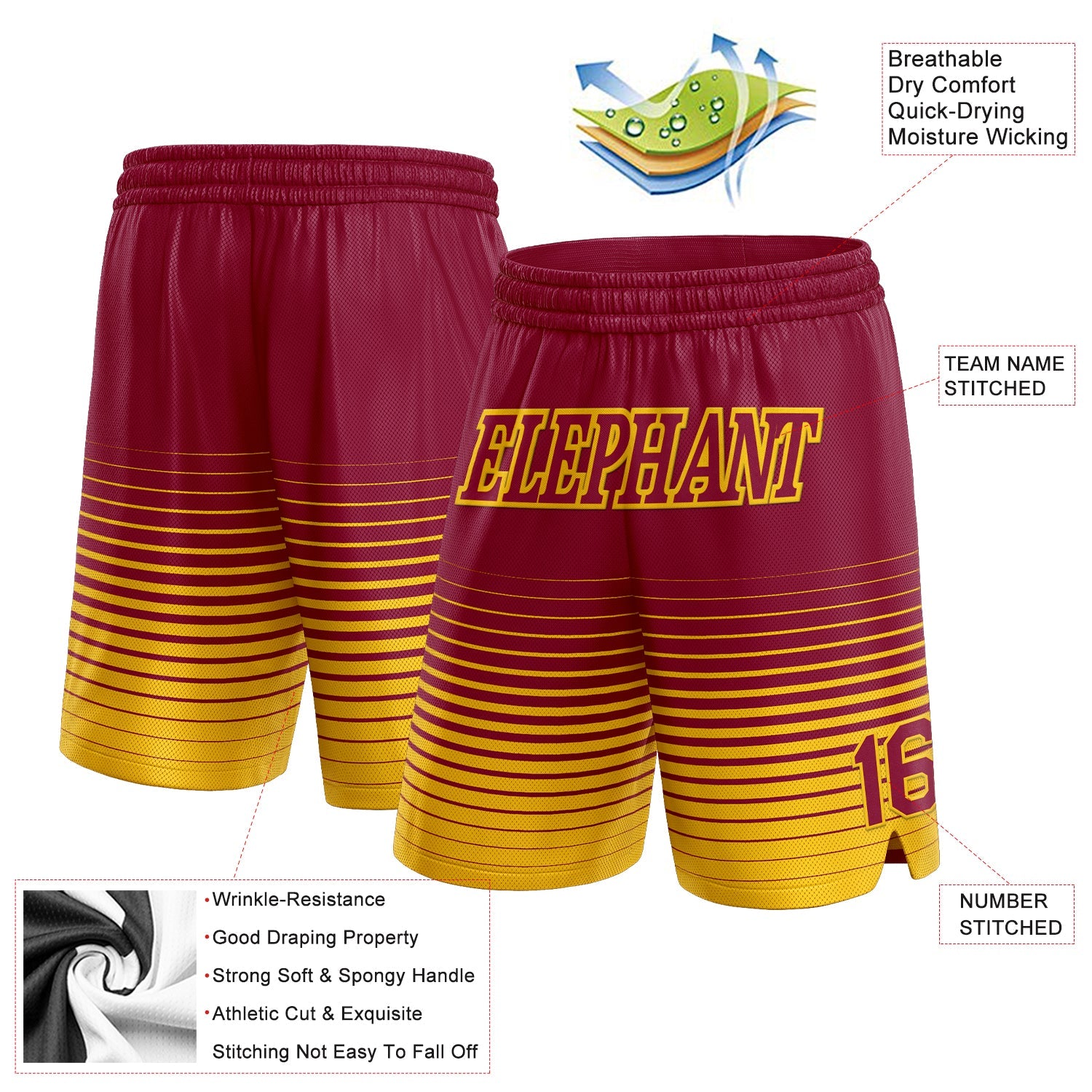 Custom Maroon Yellow Pinstripe Fade Fashion Authentic Basketball Shorts view 2