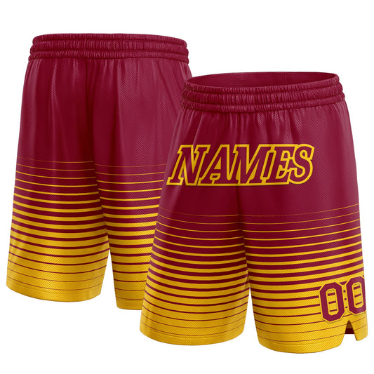 Custom Maroon Yellow Pinstripe Fade Fashion Authentic Basketball Shorts - Main View