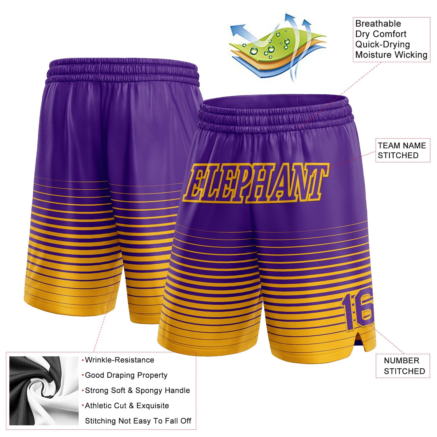 Custom Purple Gold Pinstripe Fade Fashion Authentic Basketball Shorts view 2